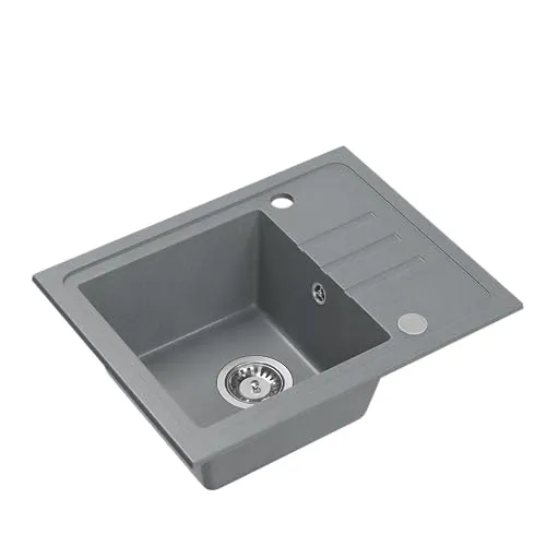 VBChome Spülbecken Granit Grau 55 x 44 cm Einzelbecken Einbauspüle Gesprenkelt Reversibel Granitspüle Siphon Waschbecken Grau Spülbecken