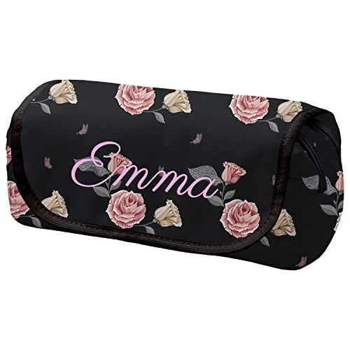 Ferocity Personalisierte Mäppchen Federtasche mit Namen Schlamperbox Federmäppchen mit Klettverschluss Klappe Schüleretui Stiftemappe mit Zwei Reißverschlüssen Schwarze Rosen [151]