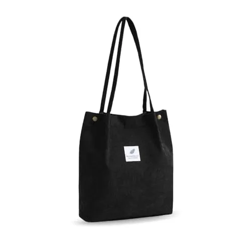 YZROHYI Stoff Tragetasche Cord Groß, Tasche Shopper Umhängetasche Stoff,Stofftasche zum Umhängen,Canvas Shoulder Bag,Beuteltasche Damen Tote Bag,Schultertasche Schule Handtasche Arbeit - Schwarz