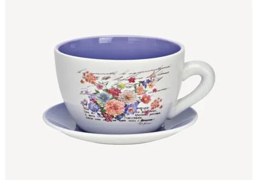 Seyila Home Pflanztasse aus Keramik mit Unterteller, Blumentopf in Tassenform, Deko-Pflanzgefäß,Pflanzkübel, Blumentopf in versch. Größen und Designs (Lila, 20 cm)
