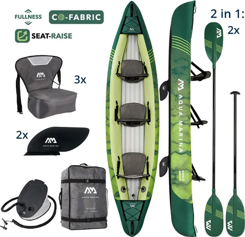 Aqua Marina RIPPLE 370cm Kayak Set für 3 Personen - Aufblasbares Kanu für Familien, mit ultra-bequemem Boden und hoher Stabilität. Ideal für Wochenendausflüge, leicht und einfach aufzubauen. Maximale Tragfähigkeit von 230 kg.