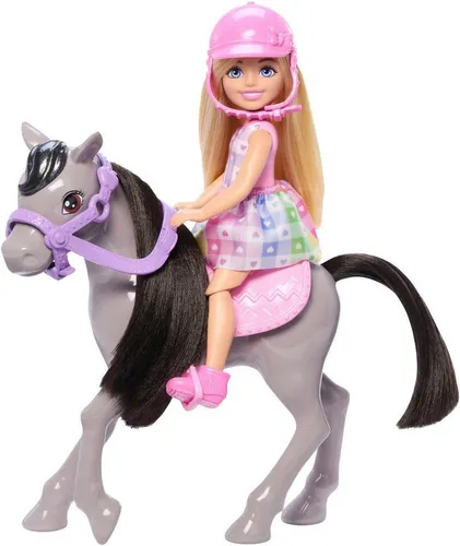 Barbie Chelsea und Pony - Aufsatteln zur Spielzeit HTK29 - Sonstiges Spielzeug für Kinder ab 3 Jahren, fördert die Fantasie und das Rollenspiel mit der süßen Chelsea Puppe und ihrem Pony.