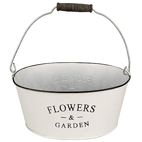 Macosa NO55775 Deko Pflanztopf Zink Vintage Weiß mit Aufdruck oval Zinkeimer Landhaus Garten-Dekoration Metall-Blumentopf Pflanzgefäß Dekotopf Gefäß
