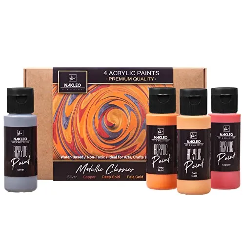 Produktbild Nakleo Acrylfarben Set, 4 Farben (60 ml) Metallic Classics Silber Kupfer Gold, Ungiftig Wasserfest Matt, Künstlerbedarf für Kunst Handwerk DIY, Schablonen Wänd Glas Holz Keramik Stoffe Leder Papier