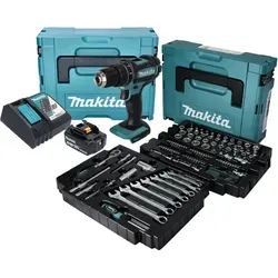Makita DHP 482 RF1J Akku Schlagbohrschrauber 18 V mit Zubehörset - Akkuschrauber mit 120-tlg. Zubehörset, 3,0 Ah Akku und Ladegerät, ideal für vielseitige Anwendungen im Heimwerkerbereich.