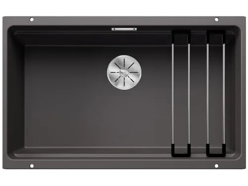 BLANCO ETAGON 700-U | Granitspüle in Felsgrau mit ETAGON-Schienen - Hochwertige Granitspüle für 80 cm Unterschränke, mit innovativem Stufenkonzept für effizientes Arbeiten auf drei Ebenen - perfekt für kleine Küchen.