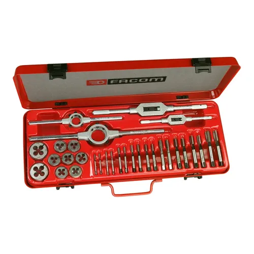 Facom 221.227SJ2 Sortiment Gewindeschneiden, 41-tlg - Gewindeschneider Set für Iso-metrische rechtsgewinde von M3 bis M12, aus HSS gehärtetem Stahl für hohe Langlebigkeit und Präzision.