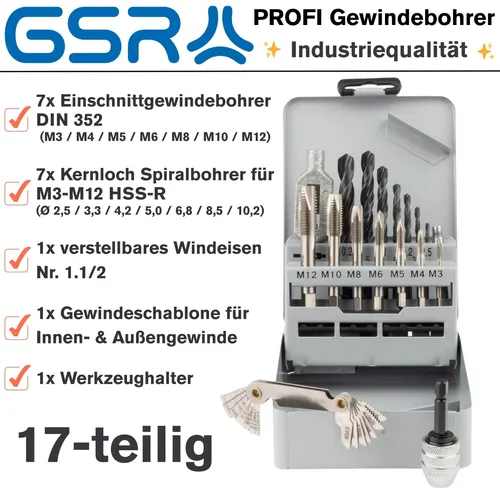 Hochwertiger HSS Gewindebohrer Satz 17 tlg M3 - M12 Spiralbohrer Werkzeughalter