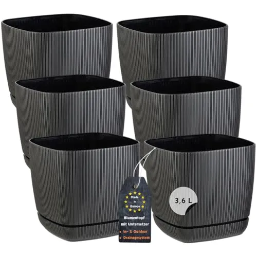 Engelland - 6 x Blumentopf mit Drainagesystem, Untersetzer, Farbe: Schwarz, Rillenoptik, Pflanz-Topf, Kübel, modern, Kunststoff, quadratisch, 18 x 18 cm, 3,6 Liter