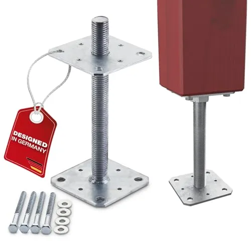 SOTECH Pfostenträger 110 x 110 x 250 mm Gewinde M24 Stahl feuerverzinkt Pfostenfuß höhenverstellbar Stützträger zum aufschrauben Witterungsbeständig