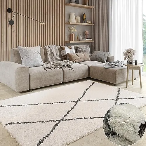 MY-RUG Teppich Shaggy Luxe Rechteckig Creme Weiß 90 x 60 cm - Wohnzimmer Langflor rutschfest Flauschig Weich Moderne Einfarbige Muster Schlafzimmer Skandi Rauten Muster
