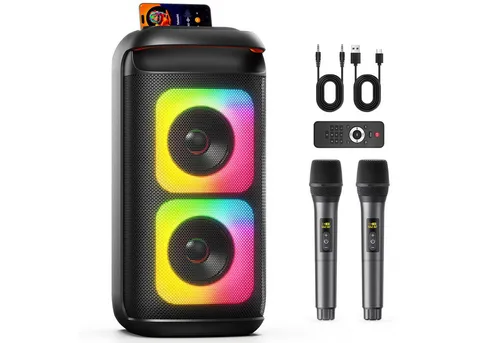 JYX Tragbarer Bluetooth-Speaker mit 2 Funkmikrofonen – 180 W kraftvoller Sound