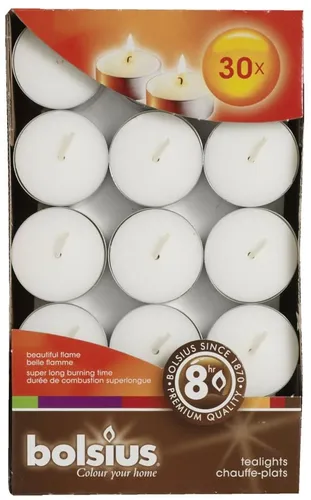 Bolsius Teelichte weiß, 30 Stück - Hochwertige Teelichter aus Paraffinwachs, ideal für stimmungsvolle Beleuchtung in jedem Raum. Perfekt für Veranda, Wohnzimmer und Küche.