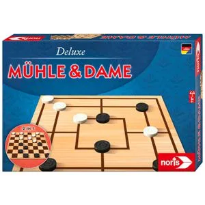 Noris Brettspiel 606108012 - Deluxe Mühle und Dame - Gesellschaftsspiel für 2 Spieler, 2-in-1 Spielklassiker mit hochwertigem Spielbrett und Holzfiguren. Fördert Konzentration und strategisches Denken, ideal für Familienabende.