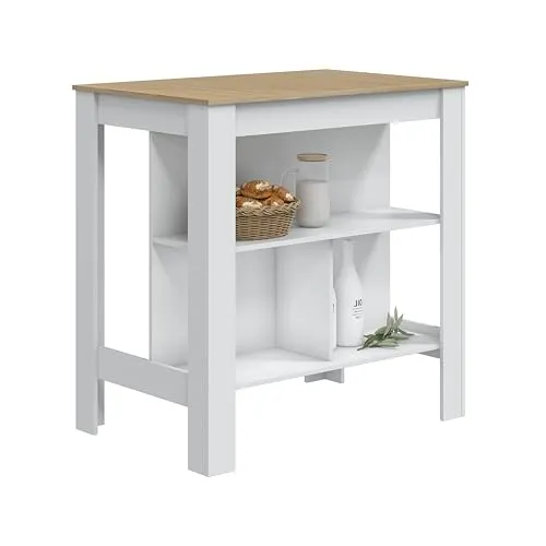 habeig Küchenschrank mit Arbeitsplatte und Regalen #4591 - Buffets, moderne Kücheninsel in Weiß/Eiche-Optik mit großzügigem Stauraum und vielseitiger Nutzungsmöglichkeit als Beistelltisch oder Aufbewahrungsschrank.