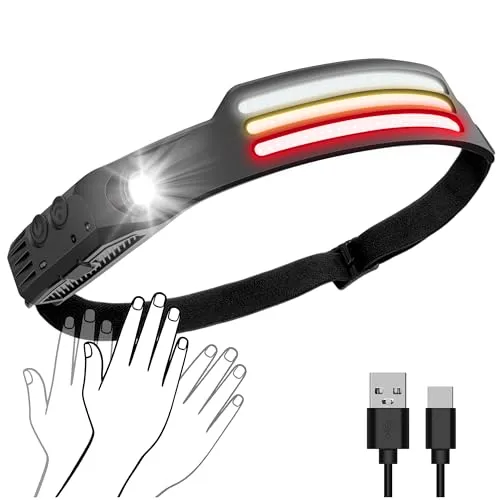 Stirnlampe LED Wiederaufladbar, 230° Weitwinkel IPX5 Wasserdichte Kopflampe mit Bewegungsensor & Rotlicht, 10 Modi Camping Lampe für Outdoor, Angeln, Wandern, Laufen, Notfall [Energieklasse ]