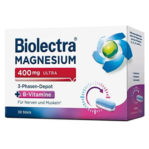 Biolectra® Magnesium 400 mg ultra 3-Phasen-Depot Tabletten 30 Stück, hochdosiert mit B-Vitaminen, Langzeit-Phase über viele Stunden, Apotheken-Qualität