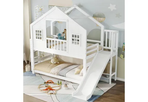 Redom Etagenbett Weiß aus Holz, 90x200 cm für Kinderzimmer - Verspieltes Etagenbett in klassischem Weiß mit Rutsche und sicherem Geländer. Ideal für kreative Spiel- und Schlafmomente im Kinderzimmer. Robuste Konstruktion für langlebigen Einsatz und viel Freude.