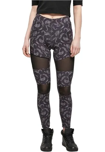 URBAN CLASSICS Damen Tech Mesh AOP Leggings Schwarz XL - Stylische Leggings aus einer bequemen Polyester-Elasthan-Mischung für optimalen Tragekomfort. Slim Fit Design in angesagtem Schwarz mit Paisleymuster – perfekt für lässige Outfits.