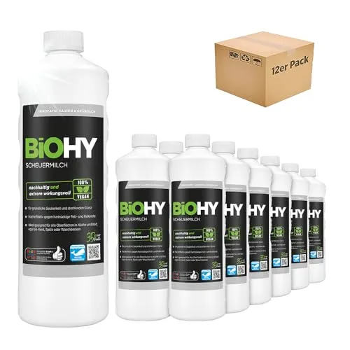 BiOHY Scheuermilch (12 x 1 Liter) | Effektive Reinigung für verschiedene Oberflächen - Entfernt hartnäckigen Schmutz mühelos und sorgt für streifenfreien Glanz auf Keramik, Edelstahl und mehr. Ideal für die tägliche Pflege und schonend zu Material und Umwelt.