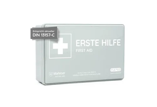 FLEXEO Erste-Hilfe-Koffer DIN 13157, (1 St), Betriebsverbandkasten inkl. Wandhalterung, grau