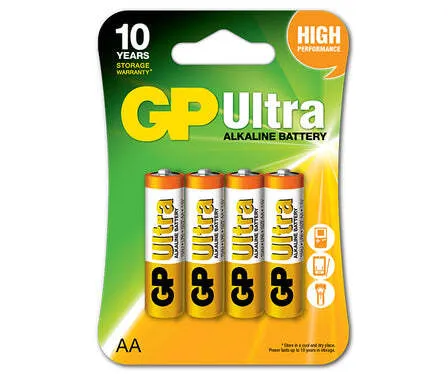 GP Ultra Alkaline AA Batterien 1.5V - 4 Stück - Alkaline AA Batterien mit hoher Leistung, ideal für energieintensive Geräte, langlebig und zuverlässig für den täglichen Gebrauch.