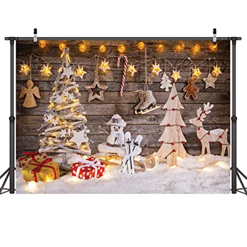 LYWYGG 7x5FT Weihnachts Fotografie Hintergrund für Kinder Weihnachtsbaum Kulissen und Geschenke Foto Hintergrund mit Holz CP-100