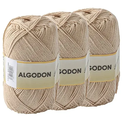 Baumwollgarn 100% Baumwolle 220 Meter zum Stricken und Häkeln, Packung mit 3 x 100g, Farbe Hellbeige