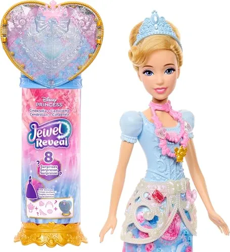 Mattel Disney Princess Cinderella Modepuppe und Zubehörteile mit 8 Überraschungen, darunter herzförmige Juwelenbox, Ring für Kind und 9 Teile, vom Film inspiriert, JHL50