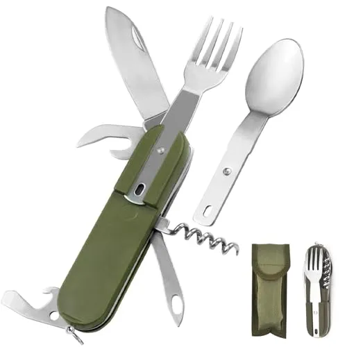 Snowtain Bundeswehr Campingbesteck 7-in-1 – Klappbares Outdoor Besteckset aus Edelstahl mit Gürteltasche, Multifunktionales Survival Besteck für Wandern, Picknick, Reisen und Bushcraft (Militärgrün)
