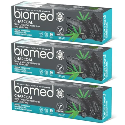 Biomed Triple Charcoal Whitening Zahnpasta 98% natürlich | Zahnfleischpflege, Bambuskohle | vegan, SLES-frei 100g x 3