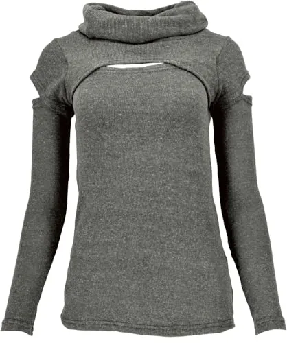 GURU SHOP Psytrance Feinstrick Langarmshirt - Offene Schultern und Rollkragen in Grau, Größe S - Pullover für Damen, figurbetont und aus weicher Baumwolle, ideal für stylische Outfits mit einem besonderen Hingucker durch offene Schultern.