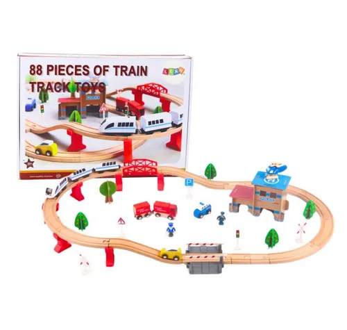 LEAN TOYS Spiel Set Eisenbahnschienen mit Holzwaggons und Gebäuden