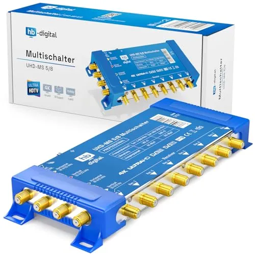 hb-digital 5/8 Multischalter mit externem Netzteil für 8 Teilnehmer und 1 Satellit – nur für Quattro LNB geeignet UHD 4K Full HD DVB-S/S2 – terrestrischer Eingang – vergoldete F-Anschlüsse