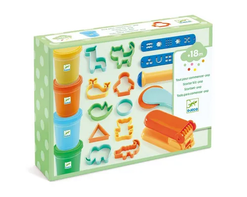 DJECO Knetform-Set Knete Starterset - Kreativset für Kinder ab 18 Monaten mit 4 Töpfen Knete und 17 Werkzeugen, ideal für fantasievolles Gestalten und Spielen.