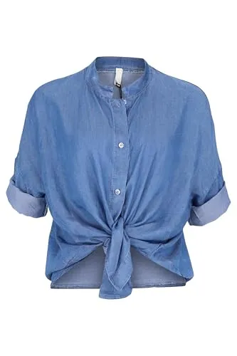 Malito - Damen Oversized-Bluse - Denimbluse mit Knotendetail - hautfreundliche Bluse in Jeans-Optik - Kurzarm Jeansbluse 2309 - Blau