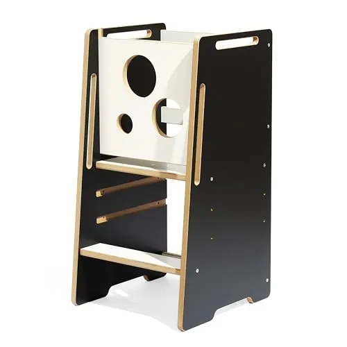 Lernturm für Kinder schwarz Weiss – Sicherer Küchenhelferturm - Trittschemel für Baby- & Kleinkinderzimmer, mit geschlossenen Seitenwänden für maximale Sicherheit und verstellbarer Plattform für jahrelangen Nutzen.