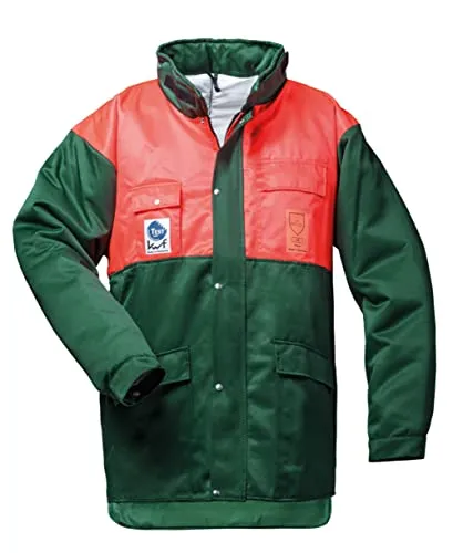 Feldtmann Schnittschutzjacke - Arbeitsjacke in grün/leuchtorange mit geprüfter Schnittschutzeinlage, ideal für Sicherheit und Komfort bei der Arbeit. Ausgestattet mit Belüftung, mehreren Taschen und verlängertem Rückenteil.