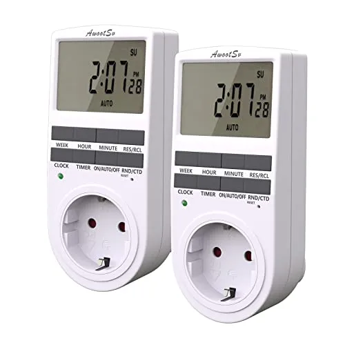 Awootsv Digitale Zeitschaltuhr Steckdose mit unendlichem Zyklus, 18 täglichen Programmen und Countdown für Innen (2er Pack) White