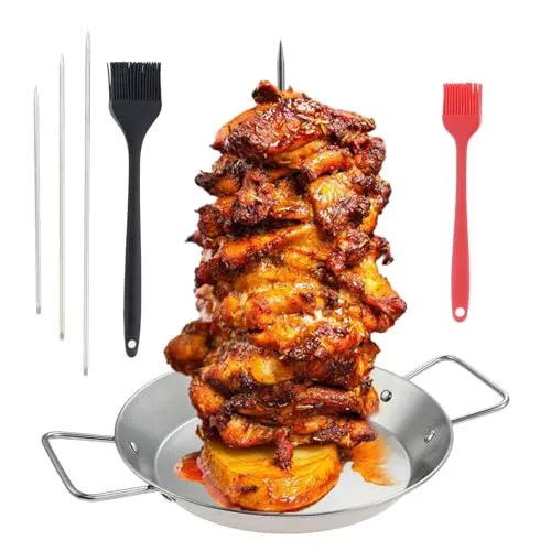 DRELD Vertikaler Kebab-Spieß, 3 Größen, abnehmbarer Spieß, Grillspieß aus Edelstahl, Bräterständer mit großer Abtropfschale und Bürste für Grill, mittelgroßes Hähnchen, Steak, Kebab, Schawarma, Döner