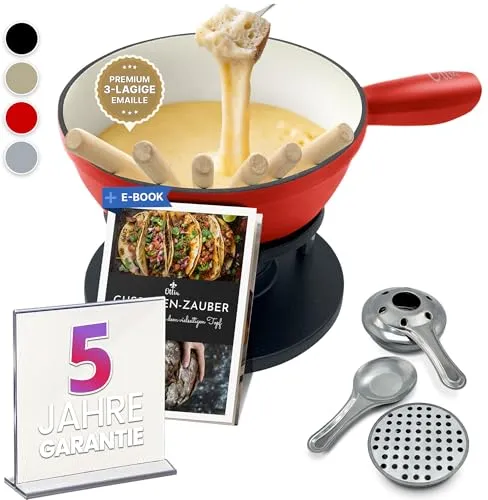 Ottia Fondue Gusseisen Set für bis zu 6 Personen - Genießen Sie gesellige Abende mit dem hochwertigen Fondue Set von Ottia. Der Gusseisentopf mit 3-lagiger Emaille sorgt für gleichmäßige Wärme, während das 10-teilige Set inklusive Rezeptbuch ideal für Käse-, Fleisch- oder Schokofondue ist.