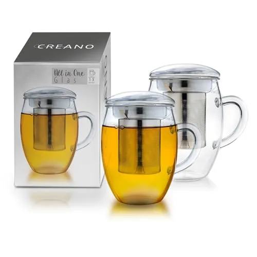 Creano Teeglas All in one 400ml 2er Set, Große Teetasse mit Edelstahlsieb und Deckel aus Glas, Teebereiter in attraktiver Geschenkverpackung (2X 400ml)
