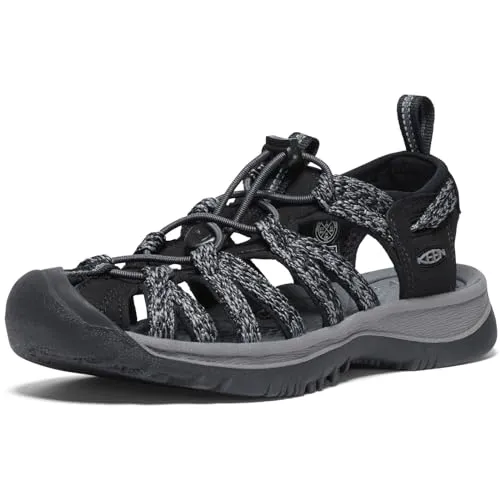 KEEN Damen Sandale Whisper Black/Steel Grey 37.5 - Wanderschuhe: Wasserfestes, waschbares Polyestergewebe mit schnelltrocknendem Futter, ideal für Abenteuer im Wasser und an Land. Bungee-Schnürsenkel für sicheren Sitz und optimalen Komfort.