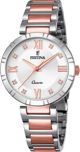 Festina Damen Analog Quarz Uhr F16937/D mit Edelstahl Armband - Elegante Armbanduhr für Damen mit 32 mm Gehäuse aus Edelstahl, stilvollem silber/rosé-gold Armband und funkelnden Kristallen – perfekt für jeden Anlass.