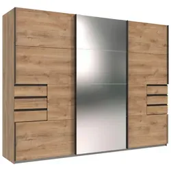 Mid.you Schwebetürenschrank, Eiche, 3-türig mit Spiegel - Kleiderschränke, 3-türiger Schwebetürenschrank mit 6 Schubladen und integriertem Ganzkörperspiegel für optimale Ordnung und Stil im Schlafzimmer.