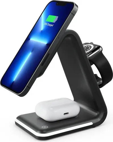 B17 3in1 Kabelloses Ladegerät für iPhone, Apple Watch & Air Pods - Schwarz - Praktische 3in1 Ladestation in Schwarz für iPhones, Apple Watches und Air Pods. Induktives Laden mit bis zu 15W für alle Geräte. Ideal für den täglichen Einsatz und spart Platz!
