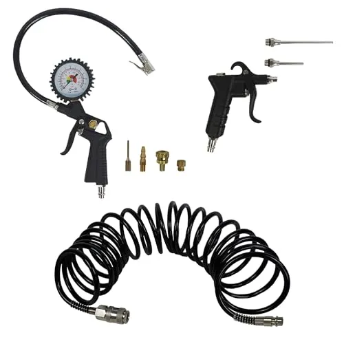 siwitec Kompressor Zubehör-Set: 5 m Druckluftschlauch, Druckluftpistole mit zwei Verlängerungen (6 und 10 cm) und Reifendruckprüfer bis max 12 bar mit vier Adaptern | Druckluftwerkzeug