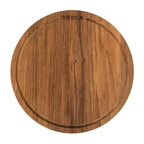 BOSKA Pizzabrett Friends S/Servierbrett aus Eichenholz/Pizza, Tapas und kleinere Speisen/Praktische Auffangrinne/Braun / ⌀ 24 cm