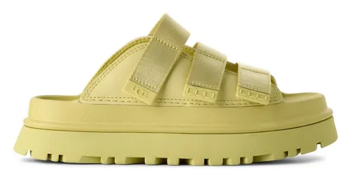UGG GOLDENGLOW SLIDE Pantolette – Modische Sandale mit Fußbett - Stylische Plateauschuh-Sandale in hellem Gelb mit 4,5 cm Plateauhöhe. Ideal für den Sommer, bietet Komfort durch das Fußbett und ist leicht mit Klettverschlüssen zu tragen.