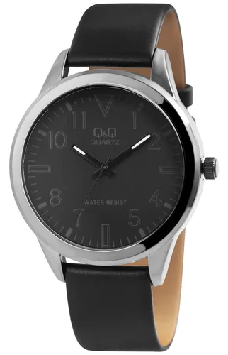 Q&Q by Citizen Herren Uhr 3 Bar Wasserdicht Lederband Schwarz Silber Mineralglas